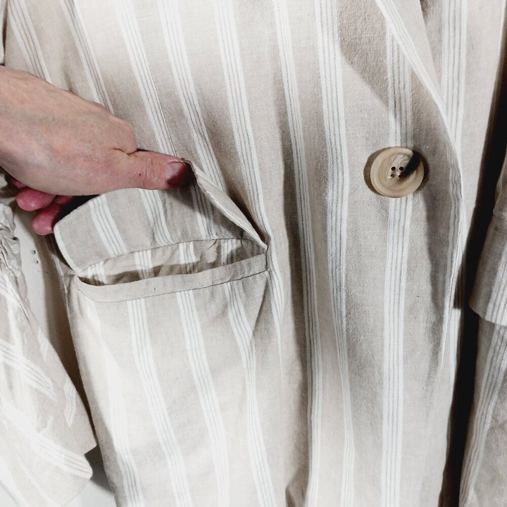 Free People "Fern" Oversized Striped Linen Blend Blazer, Ruched Sleeves SZ Small - Picture 10 of 16